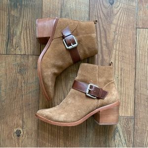 AllSaints Tan Wooden Heeled Suede Buckle Booties